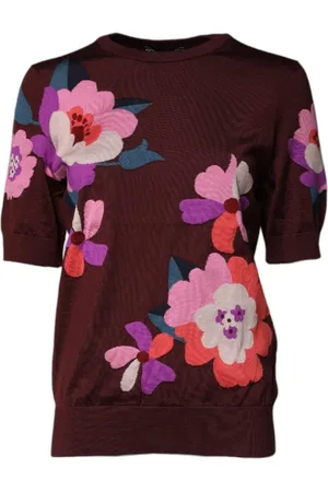 Dolce & Gabbana Femme, Pulls, Brun, Taille: 40 FR Chemisier en Soie à Col Rond et Motif Floral