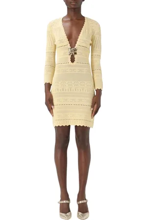 Elisabetta Franchi Femme, Robes, Jaune, Taille: 40 FR Robe Mini en Tricot Blanc avec Décolleté Plongeant