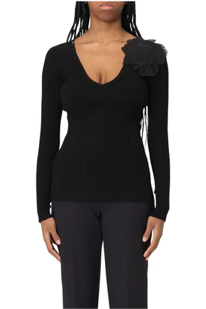 Elisabetta Franchi Femme, Pulls, Noir, Taille: 42 FR Pull Noir avec Application Florale Col en V