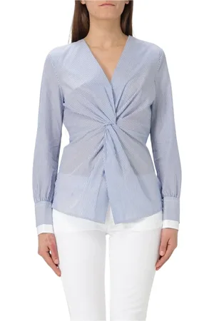 HUGO BOSS Femme, Blouses et Chemises, Bleu, Taille: 34 FR Chemisier à Rayures Bleu avec Devant Croisé