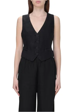 120% Lino Femme, Vestes, Noir, Taille: 36 FR Gilet en Lin Noir Fermeture à Bouton
