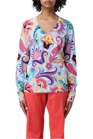 Etro Femme, Pulls, Multicolore, Taille: 42 FR Pull Bleu à Col en V et Motif Paisley