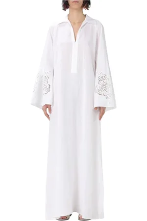 Max Mara Femme, Robes, Blanc, Taille: 40 FR Robe Longue en Lin Blanc avec Manches Découpées au Laser