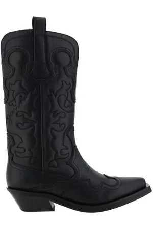 Ganni Femme, Chaussures, Noir, Taille: 37 EU Bottes à Talons Bloc en Cuir Motif Texan