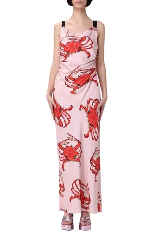 Msgm Femme, Robes, Rose, Taille: 38 FR Robe Longue en Soie Rose avec Imprimé de Crabe