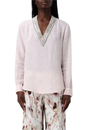 120% Lino Femme, Blouses et Chemises, Rose, Taille: 42 FR Blush V-Neck Embellished Top