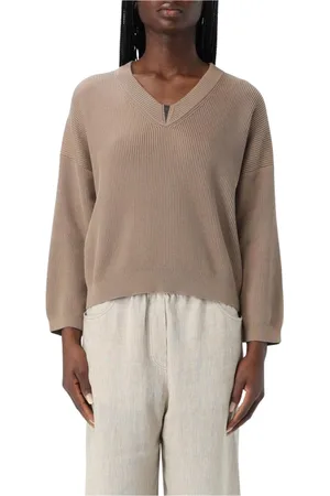 Brunello Cucinelli Femme, Pulls, Brun, Taille: 36 FR Pull en cachemire blanc à col en V