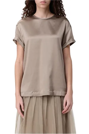 Brunello Cucinelli Femme, Tops, Gris, Taille: 40 FR Élégant Chemisier en Soie à Manches Courtes