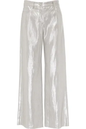 Max Mara Femme, Pantalons, Gris, Taille: 34 FR Pantalon en lin argent Malika jambe droite