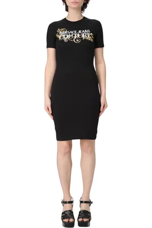 VERSACE Femme, Robes, Noir, Taille: 36 FR Élégante Robe Noire avec Logo T-Shirt
