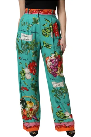 Dolce & Gabbana Femme, Pantalons, Vert, Taille: 38 FR Pantalon Vert en Soie Imprimé Droit