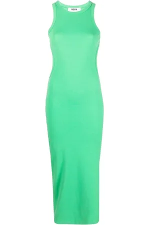 Msgm Femme, Robes, Vert, Taille: 40 FR Robe Fourreau Midi Côtelée en Coton Stretch