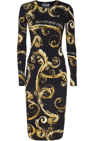 VERSACE Femme, Robes, Multicolore, Taille: 38 FR Robe Noire à Imprimé Baroque Manches Longues