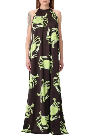 Msgm Femme, Robes, Brun, Taille: 34 FR Robe Longue en Soie Marron avec Imprimé de Crabe