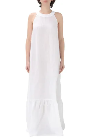 120% Lino Femme, Robes, Blanc, Taille: 42 FR Robe Longue en Lin Blanc Volant