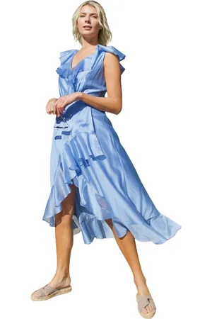 Crās Femme, Robes, Bleu, Taille: 36 FR Robe Portefeuille Bleue avec Volants
