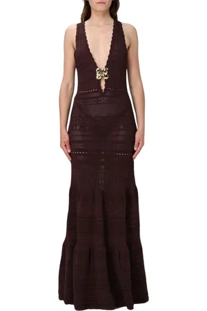 Elisabetta Franchi Femme, Robes, Brun, Taille: 40 FR Robe Longue Blanche à Broderies en Tiers