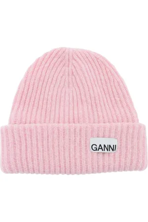 Ganni Femme, Accessoires, Rose, Taille: ONE Size Béret Mélange Côtelé avec Patch Logo