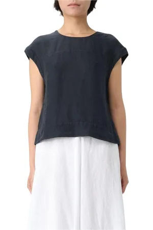 120% Lino Femme, Blouses et Chemises, Bleu, Taille: 40 FR Haut en Lin Beige Manches Courtes