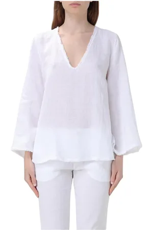 120% Lino Femme, Blouses et Chemises, Blanc, Taille: 40 FR Chemisier blanc en lin à col en V