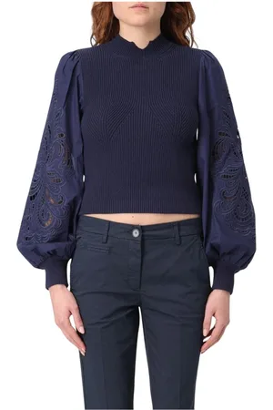 Twin-Set Femme, Pulls, Bleu, Taille: 36 FR Pull en Tricot Blanc Manches LaserCut
