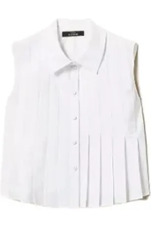 Twin-Set Femme, Blouses et Chemises, Blanc, Taille: 36 FR Chemisier Court Sans Manches en Coton Plissé