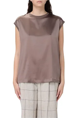 Brunello Cucinelli Femme, Blouses et Chemises, Brun, Taille: 36 FR Élégante Chemisier en Soie Manches Courtes