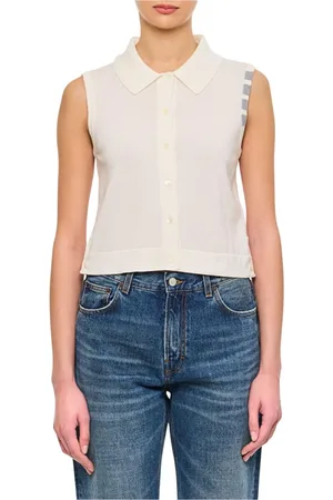Thom Browne Femme, Vestes, Blanc, Taille: 38 FR Gilet Blanc en Tricot de Laine à Col