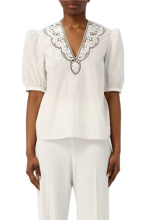 Twin-Set Femme, Blouses et Chemises, Blanc, Taille: 38 FR Chemisier en Popeline Blanc Brodé de Dentelle