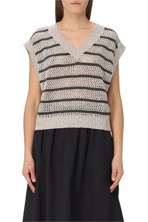 Brunello Cucinelli Femme, Pulls, Multicolore, Taille: 36 FR Gilet Sans Manches Rayé Tricoté Multicolore