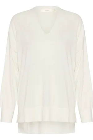 INWEAR Femme, Pulls, Blanc, Taille: 38 FR T-shirt en Coton Blanc Pur Col en V