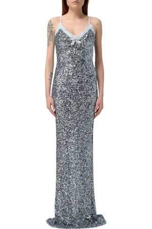 Elisabetta Franchi Femme, Robes, Bleu, Taille: 36 FR Robe Longue à Paillettes Bleue