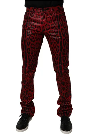 Dolce & Gabbana Homme, Jeans, Rouge, Taille: M Jean Slim en Denim Rouge à Imprimé Léopard