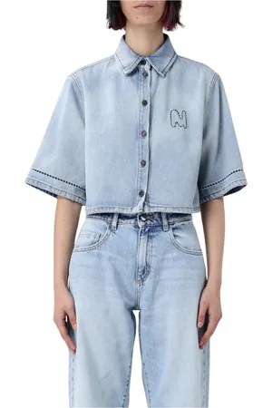 Msgm Femme, Blouses et Chemises, Bleu, Taille: 36 FR Chemise en Denim avec Logo Brodé