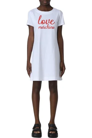 Moschino Femme, Robes, Blanc, Taille: 34 FR Robe en Coton Rouge avec Logo Imprimé