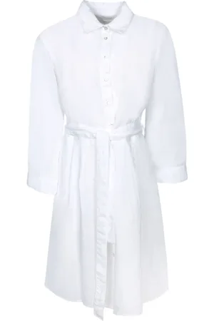 120% Lino Femme, Robes, Blanc, Taille: 36 FR Robe Mini en Lin avec Col Chemise