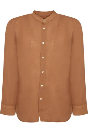 120% Lino Homme, Chemises, Brun, Taille: L Chemise en lin curry à col mandarin