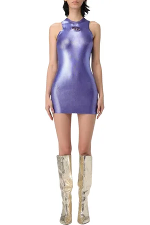 Diesel Femme, Robes, Bleu, Taille: 38 FR Robe Mini Côtelée Métallique