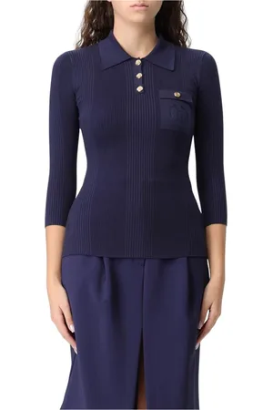 Elisabetta Franchi Femme, Tops, Bleu, Taille: 42 FR Polo en Maille Côtelée Bleu Marine