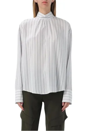 Dondup Femme, Blouses et Chemises, Bleu, Taille: 38 FR Chemisier en Soie Rayé Bleu Coupe Décontractée
