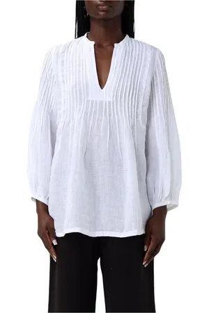 120% Lino Femme, Blouses et Chemises, Blanc, Taille: 42 FR Élégante Blouse en Lin Col V