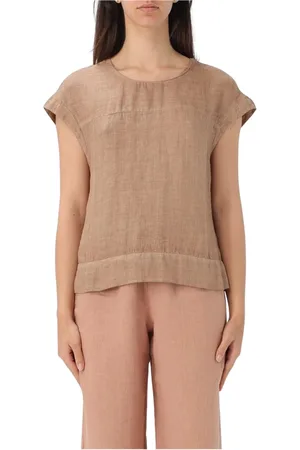 120% Lino Femme, Blouses et Chemises, Brun, Taille: 36 FR Haut en Lin Beige Manches Courtes