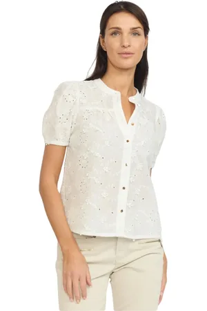 2-Biz Femme, Blouses et Chemises, Blanc, Taille: 40 FR Chemisier Blanc Brodé avec Col en V