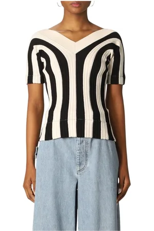 Bottega Veneta Femme, Pulls, Multicolore, Taille: 40 FR Haut en Tricot à Rayures Col en V Manches Courtes
