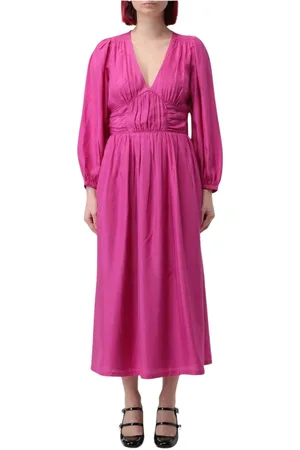 SEA Femme, Robes, Rose, Taille: 36 FR Robe Midi en Soie Fuchsia Col en V