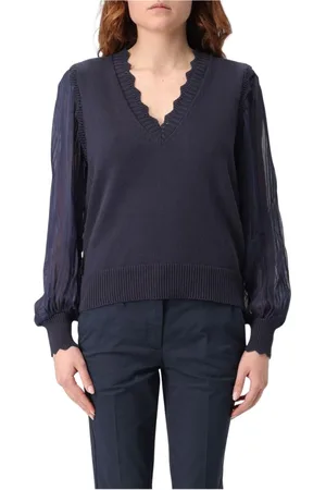 Twin-Set Femme, Pulls, Bleu, Taille: 38 FR Pull en Maille à Manches Transparentes