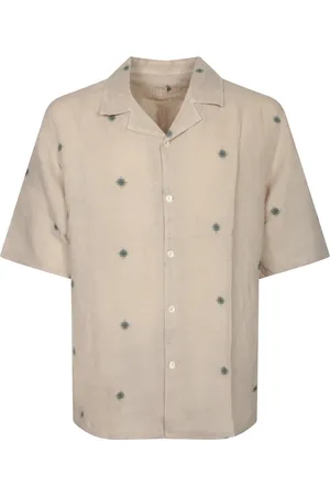 120% Lino Homme, Chemises, Vert, Taille: L Chemise en Lin Beige avec Broderies Vertes