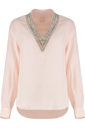 120% Lino Femme, Blouses et Chemises, Rose, Taille: 38 FR Chemisier en lin avec perles décoratives