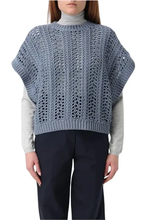 Brunello Cucinelli Femme, Pulls, Bleu, Taille: 38 FR Pull sans Manches en Coton Tricoté