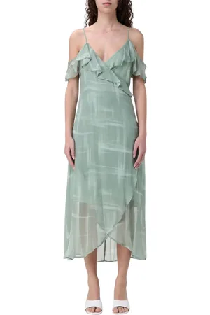 Armani Exchange Femme, Robes, Vert, Taille: 34 FR Robe Portefeuille en Soie Verte avec Volant